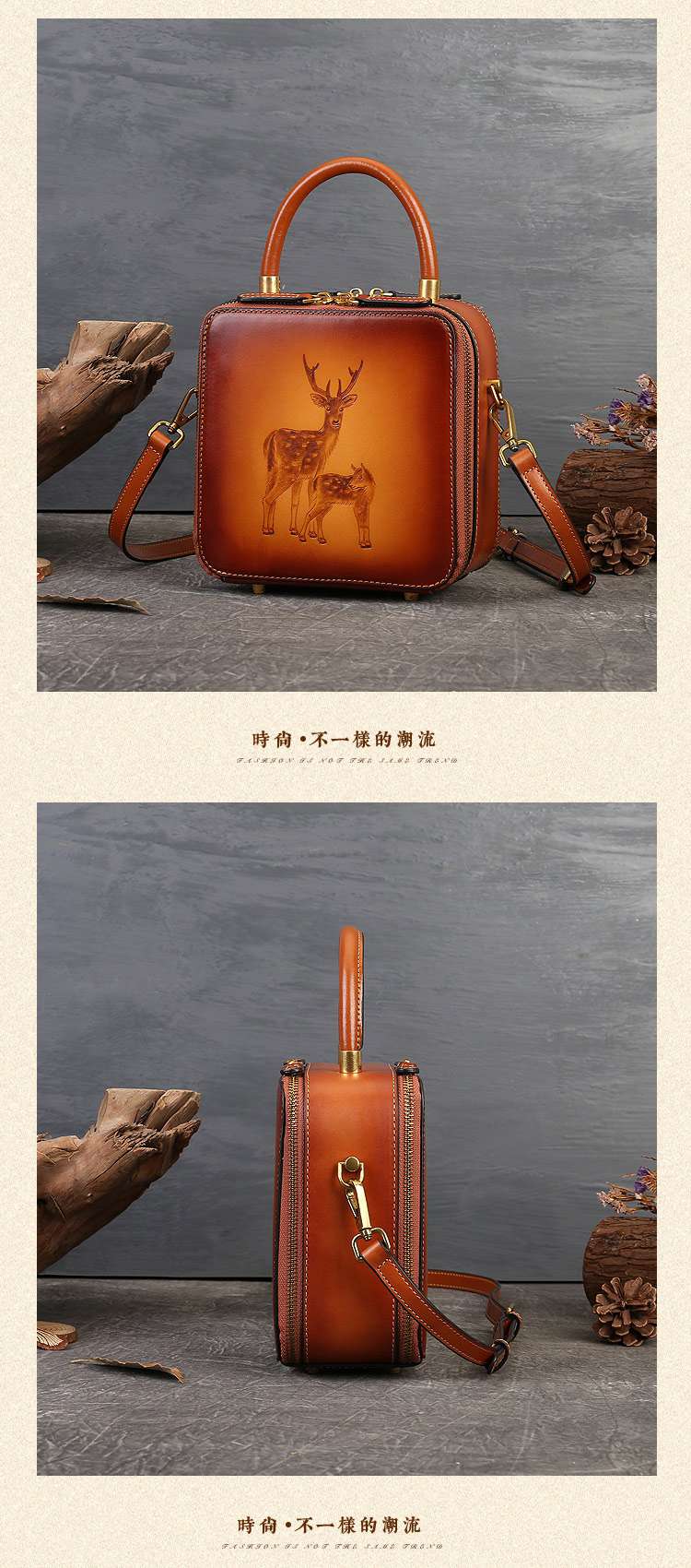 烙畫小鹿系斜背包 新款真皮小方包 頭層牛皮動物烙畫單肩背包斜挎女包 復古手提包潮包 真皮包包