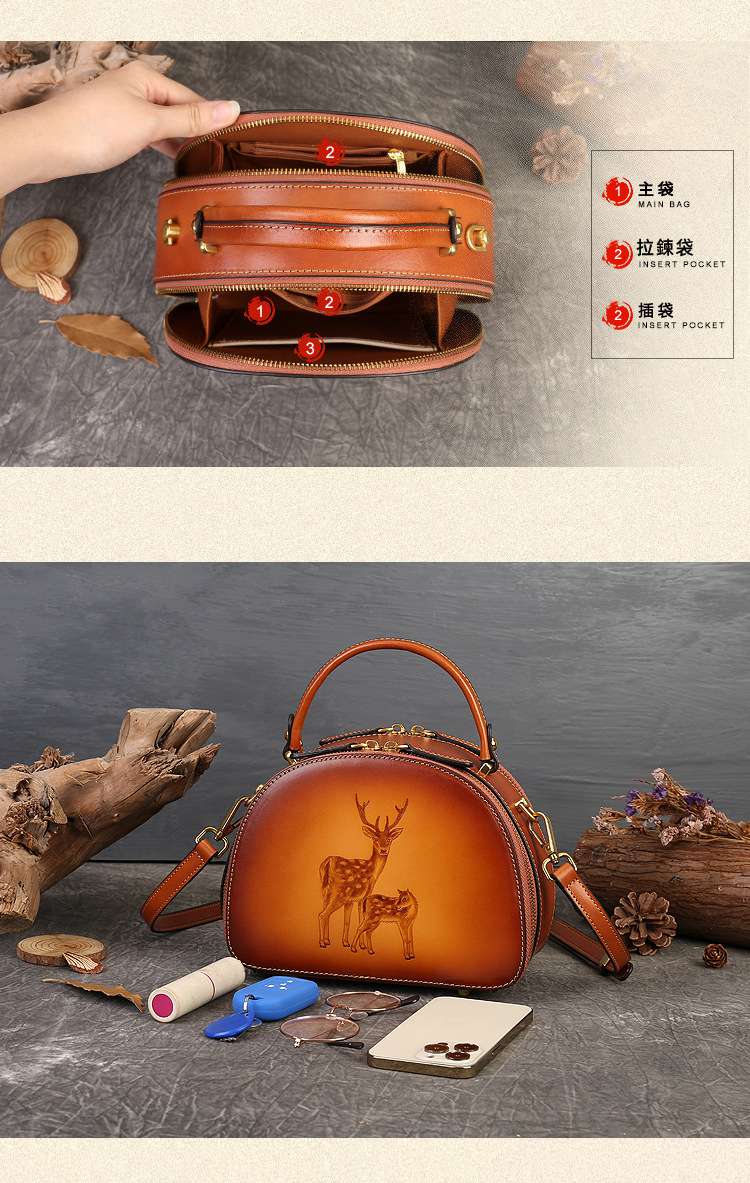 復古新款小鹿烙畫手提包 頭層牛皮潮流文藝單肩背包 真皮斜背包餃子包 斜挎女包 真皮包包