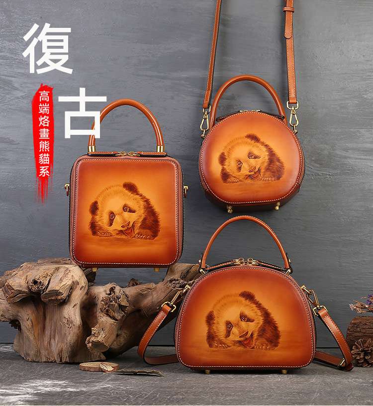 真皮烙畫熊貓小圓包 頭層牛皮斜背包 動物烙畫單肩包 文藝百搭復古斜挎包女包側背包 真皮包包