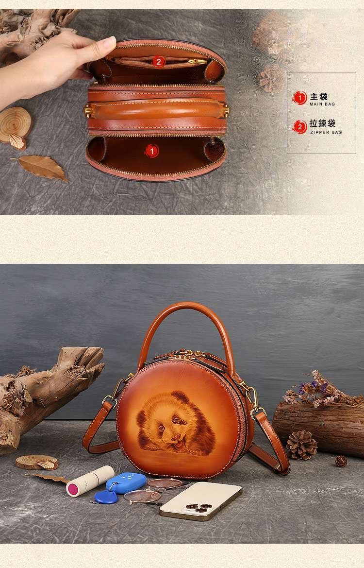 真皮烙畫熊貓小圓包 頭層牛皮斜背包 動物烙畫單肩包 文藝百搭復古斜挎包女包側背包 真皮包包