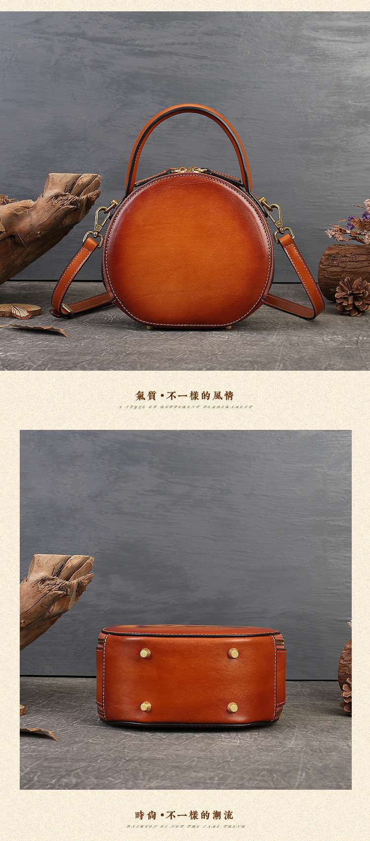 真皮烙畫熊貓小圓包 頭層牛皮斜背包 動物烙畫單肩包 文藝百搭復古斜挎包女包側背包 真皮包包