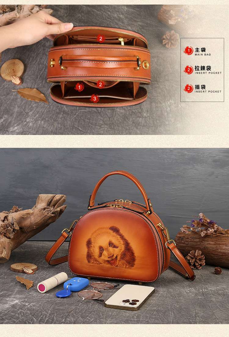 真皮女包 手工小眾復古斜挎包 女式手提包 熊貓烙畫設計感單肩斜背包餃子包 民族風側背包 真皮包包