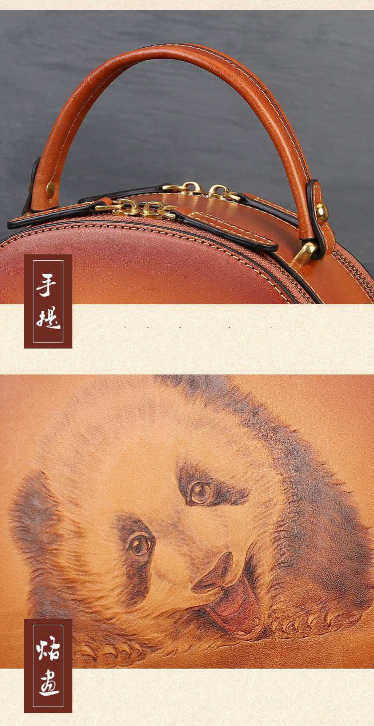 真皮女包 手工小眾復古斜挎包 女式手提包 熊貓烙畫設計感單肩斜背包餃子包 民族風側背包 真皮包包