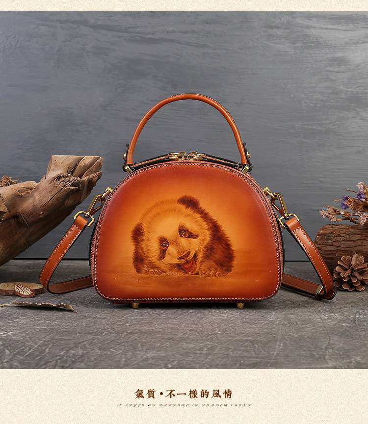 真皮女包 手工小眾復古斜挎包 女式手提包 熊貓烙畫設計感單肩斜背包餃子包 民族風側背包 真皮包包