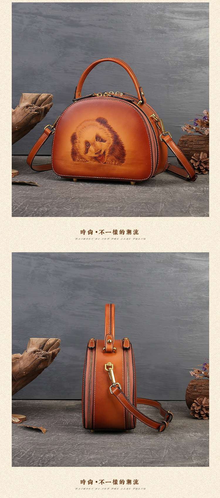 真皮女包 手工小眾復古斜挎包 女式手提包 熊貓烙畫設計感單肩斜背包餃子包 民族風側背包 真皮包包