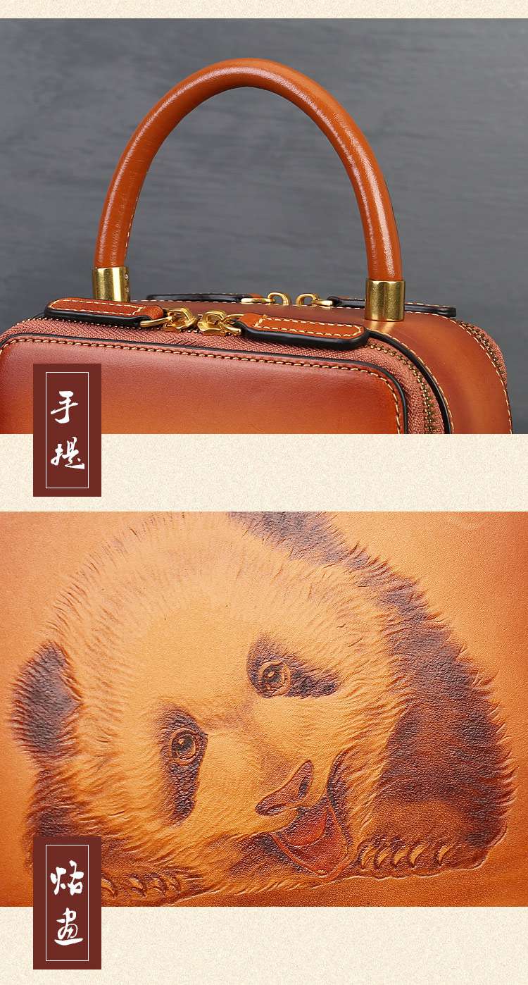 高級感熊貓烙畫小方包 頭層牛皮斜挎包 女式新款真皮手提包 百搭復古文藝風單肩背包斜背包 真皮包包