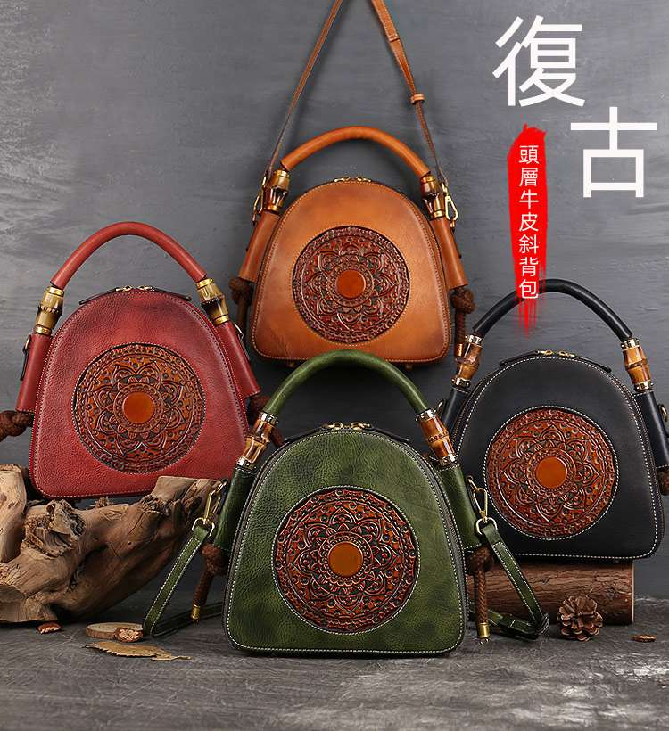 復古圖騰壓花貝殼包 真皮女包 新款女式手提包單肩斜挎包 頭層牛皮斜背包側背包 真皮包包