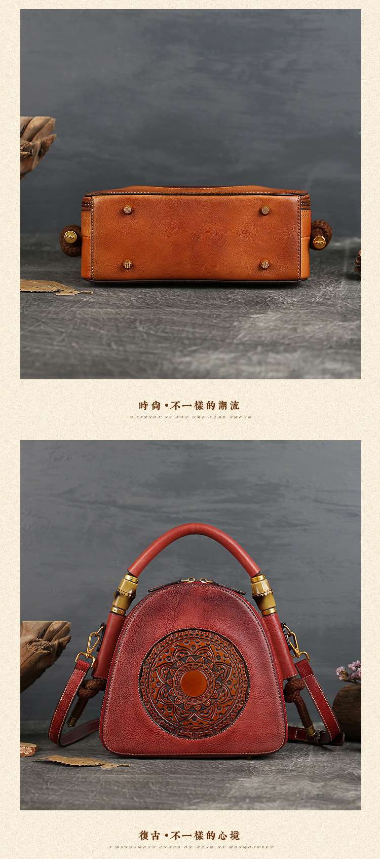復古圖騰壓花貝殼包 真皮女包 新款女式手提包單肩斜挎包 頭層牛皮斜背包側背包 真皮包包