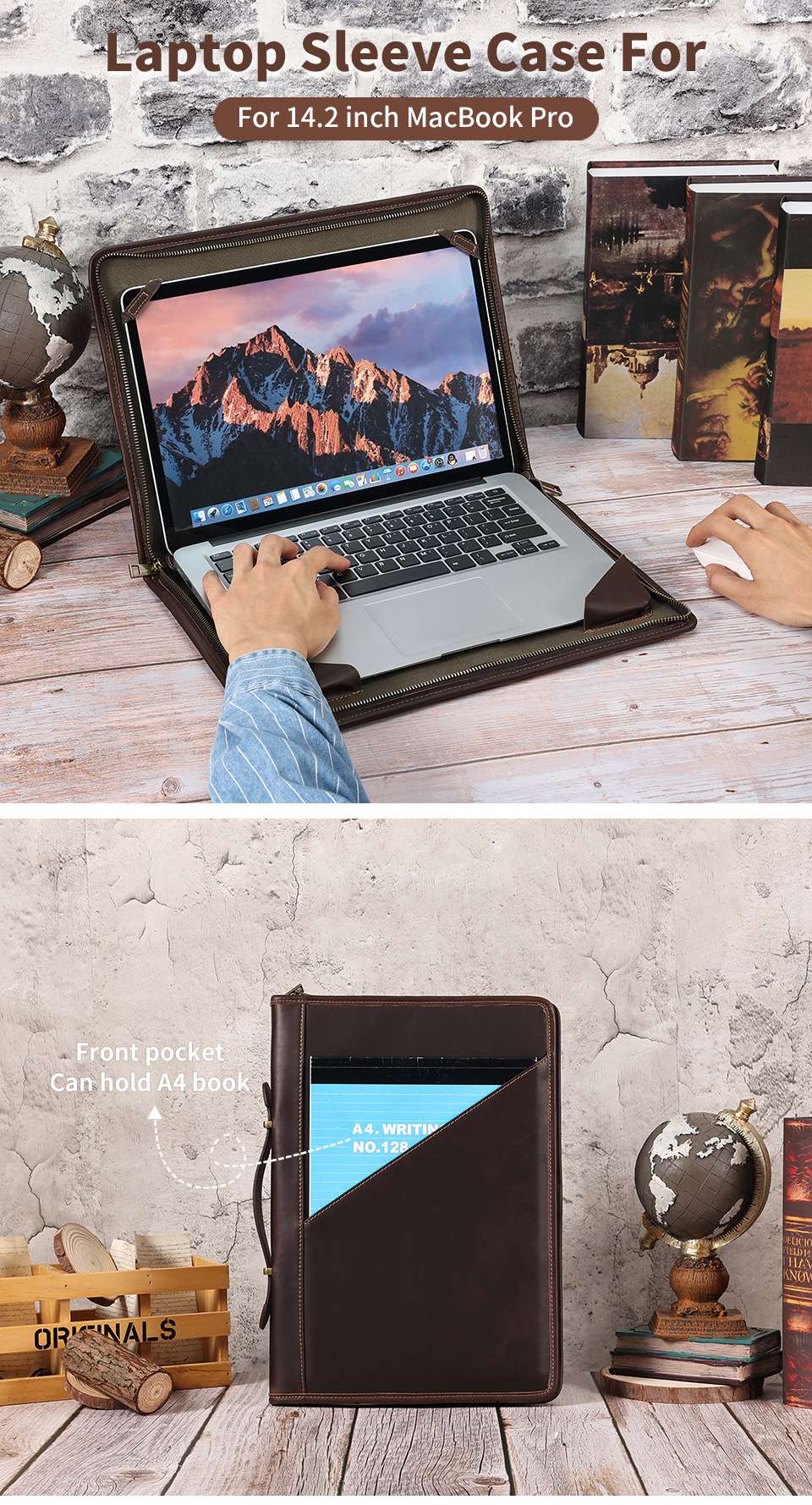 電腦包保護套 14.2英寸MacBookPro電腦包 男包電腦手提袋 瘋馬皮手提包  真皮包包