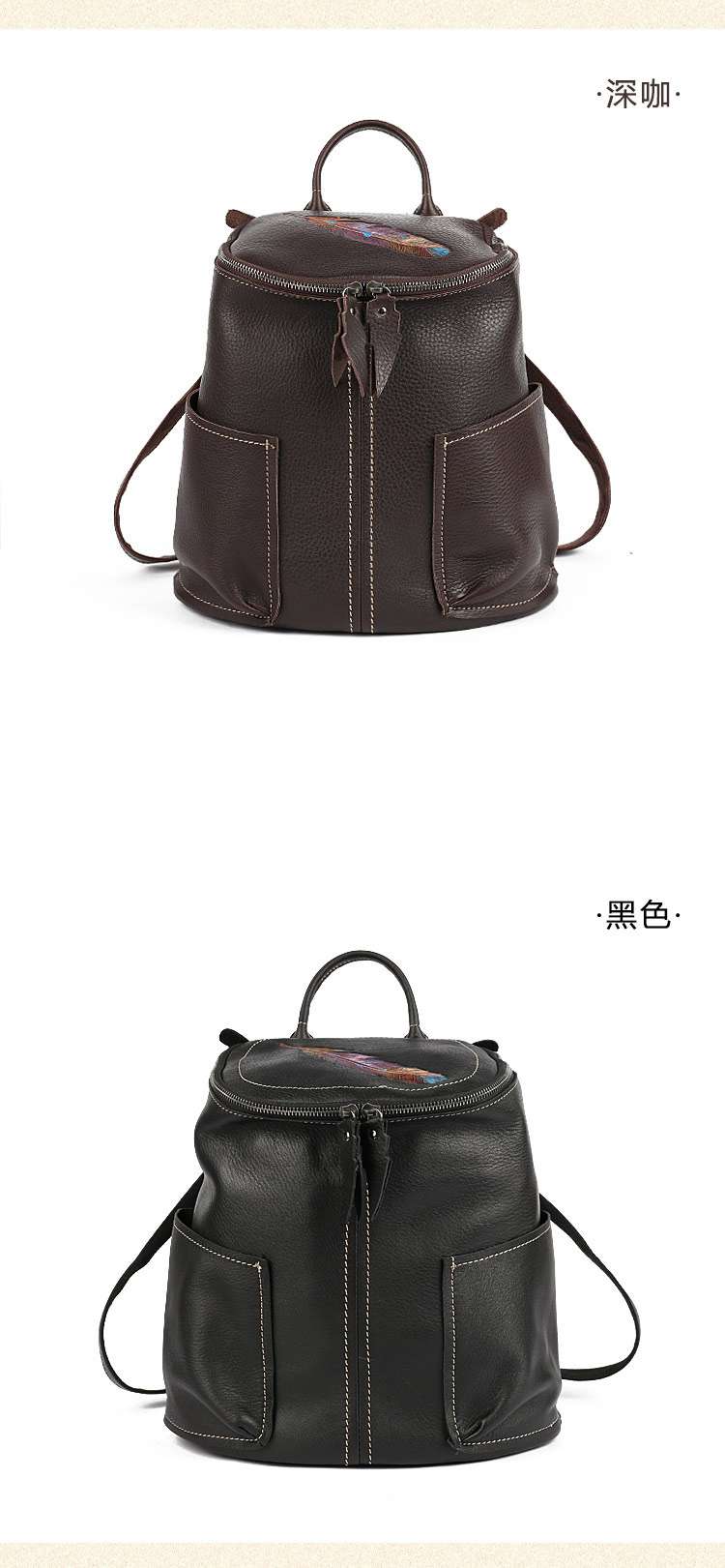 原創設計頭層牛皮後背包 多口袋真皮背包 女式雙肩包 女士復古時尚壓花學生書包  真皮包包