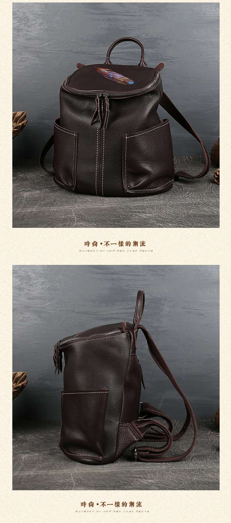 原創設計頭層牛皮後背包 多口袋真皮背包 女式雙肩包 女士復古時尚壓花學生書包  真皮包包