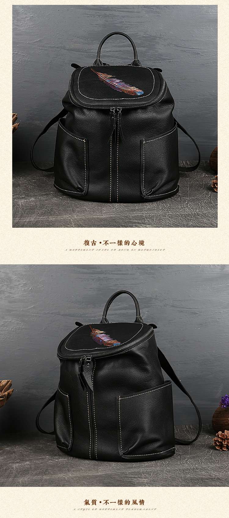 原創設計頭層牛皮後背包 多口袋真皮背包 女式雙肩包 女士復古時尚壓花學生書包  真皮包包