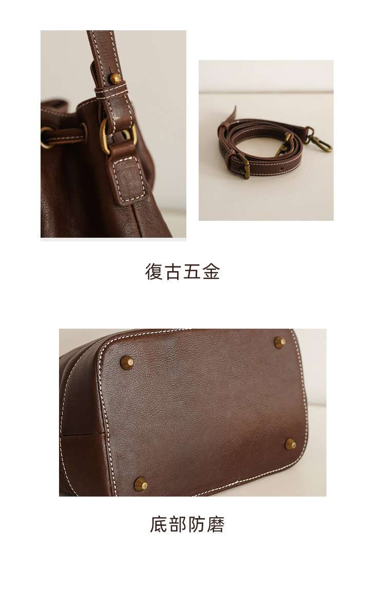 通勤時尚真皮水桶包 高級感斜背包 大容量斜挎包 頭層牛皮女包 抽繩防盜設計包包 軟牛皮女包 真皮包包