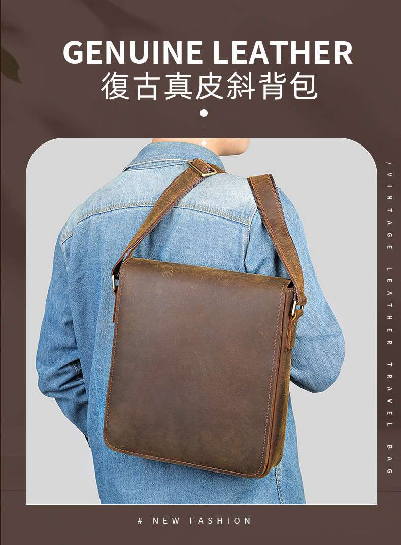 新款瘋馬皮大容量斜背包 頭層牛皮斜挎包 男士真皮包包單肩背包斜跨包休閑包潮 真皮包包