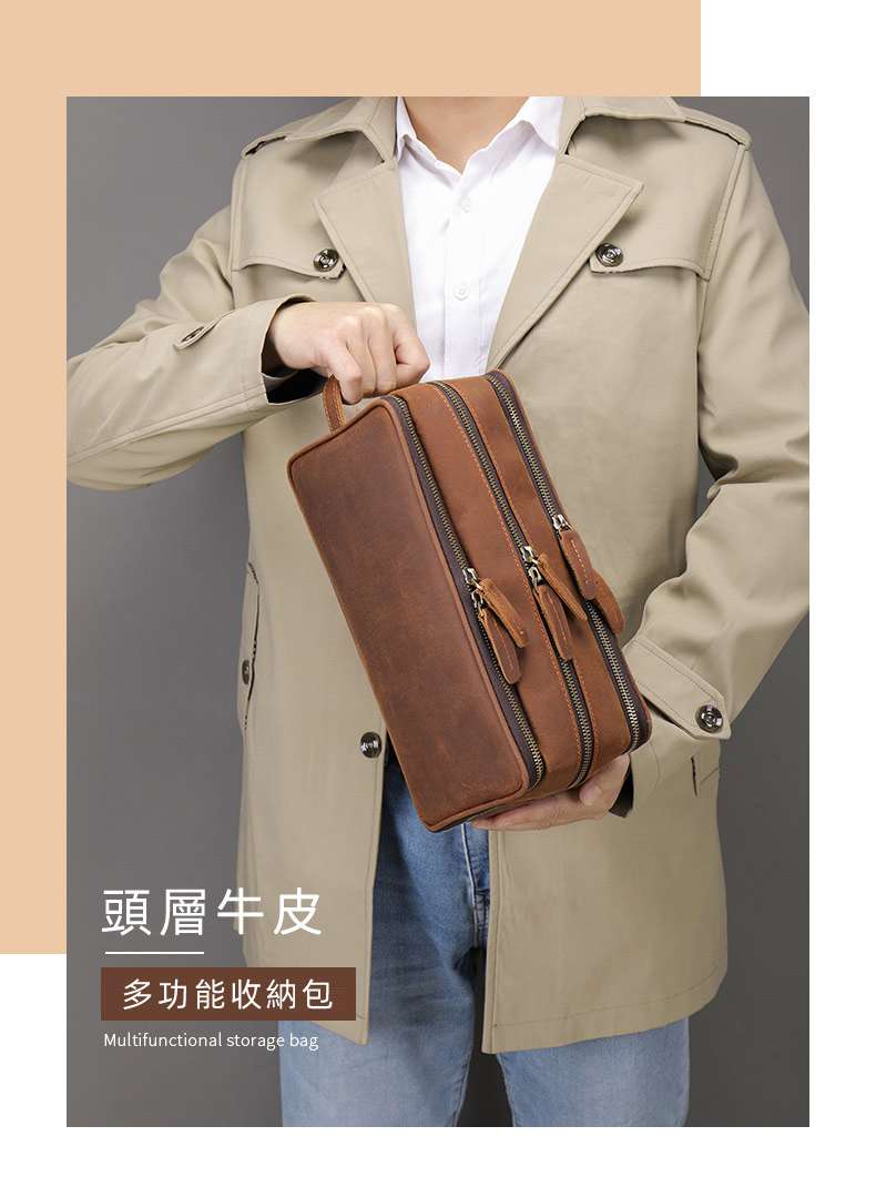 復古瘋馬牛皮收納包 男士手拿包 真皮多拉鏈洗漱包 大容量手包化妝品包包 真皮包包