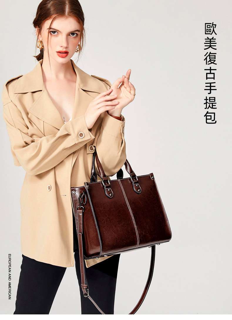新款油蠟皮手提包 真皮女包 歐美風二層牛皮斜背包 百搭手提手袋單肩背包斜挎包 真皮包包