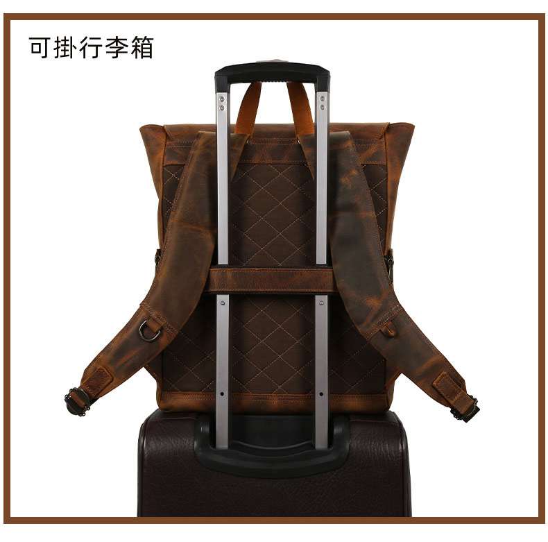 新款復古瘋馬皮15.6吋電腦包 戶外頭層牛皮後背包旅行包 真皮雙肩包筆電包 可掛行李箱包包 真皮包包