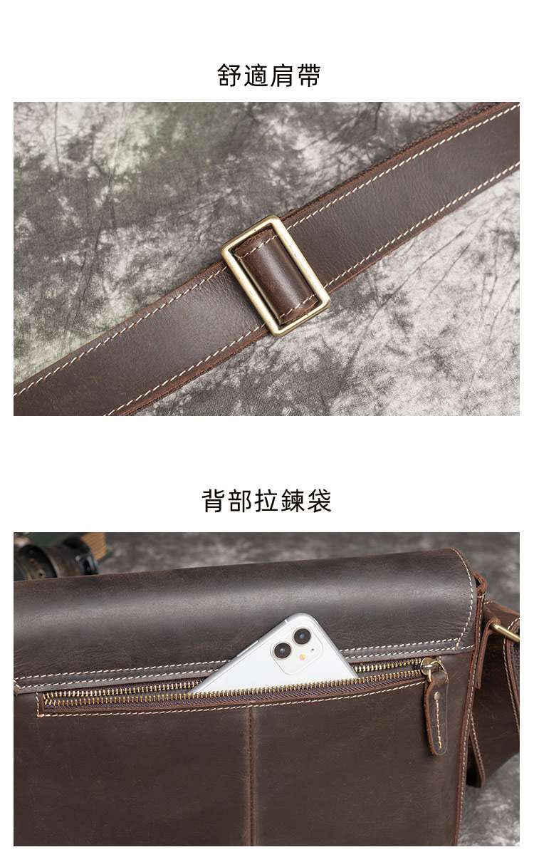 新款復古瘋馬皮斜背包 頭層牛皮單肩背包 翻蓋式商務公事包 真皮男包側背包斜挎包真皮包包