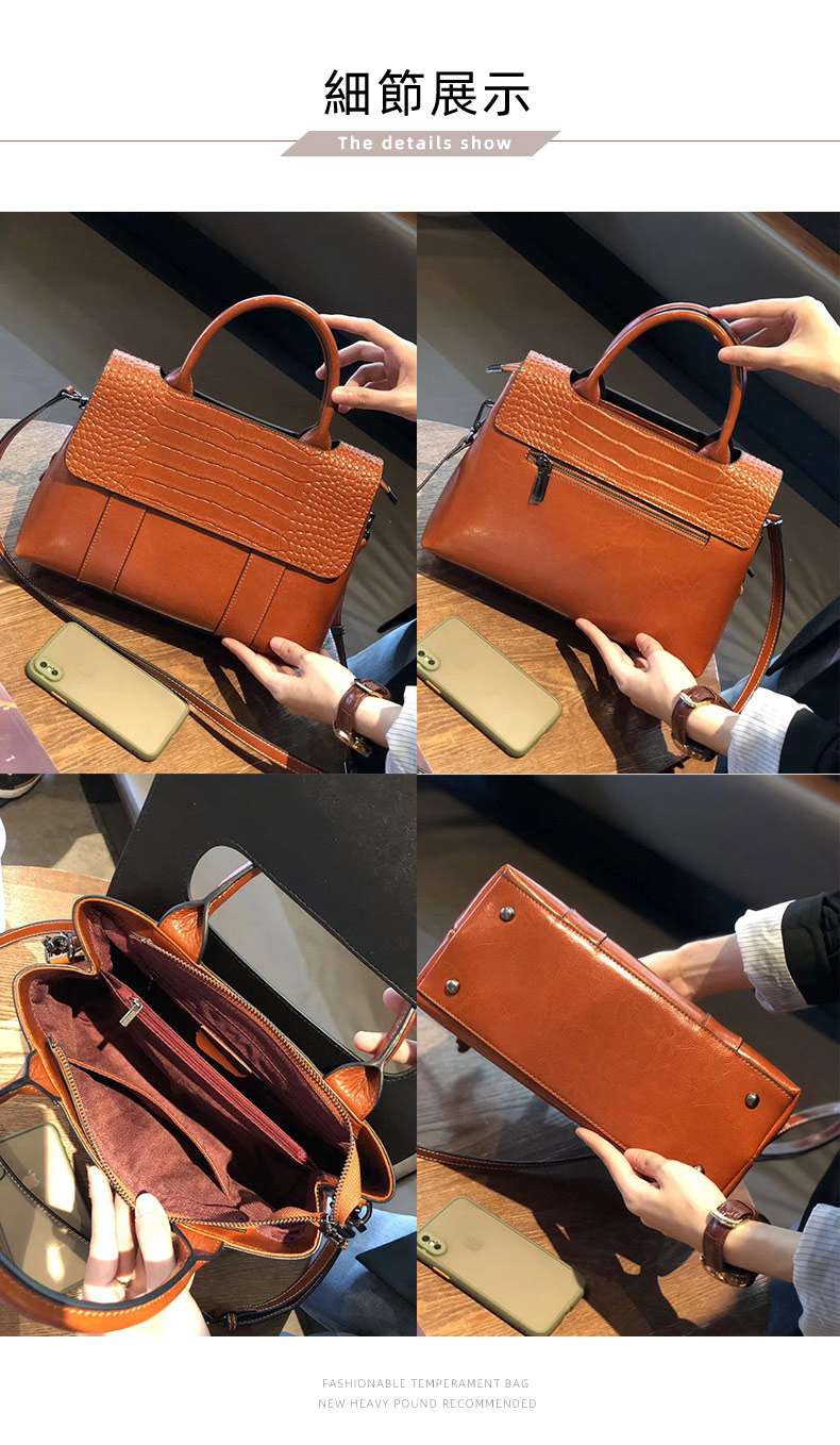 歐美時尚真皮手提包 復古新款手提手袋托特包 女通勤百搭斜背包 大容量單肩斜挎包 真皮包包