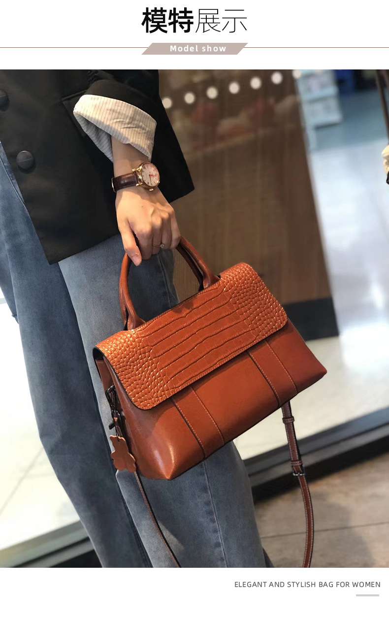 歐美時尚真皮手提包 復古新款手提手袋托特包 女通勤百搭斜背包 大容量單肩斜挎包 真皮包包