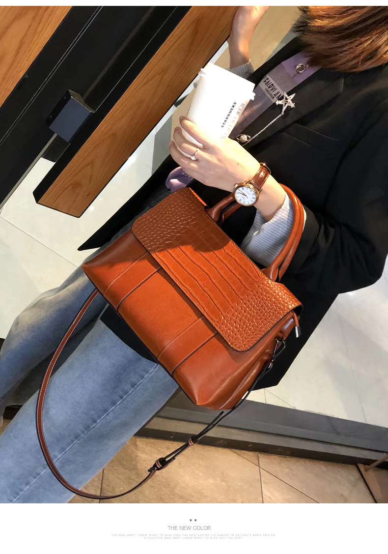 歐美時尚真皮手提包 復古新款手提手袋托特包 女通勤百搭斜背包 大容量單肩斜挎包 真皮包包