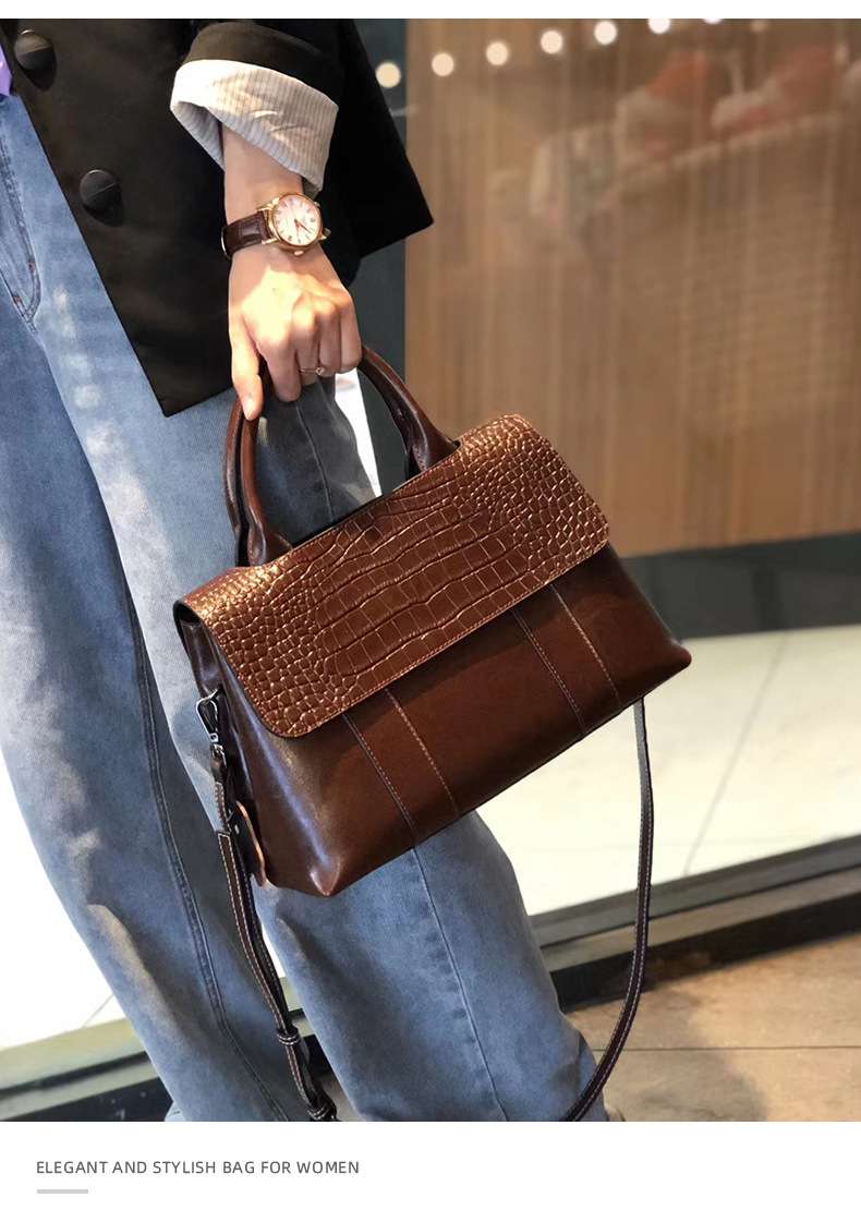 歐美時尚真皮手提包 復古新款手提手袋托特包 女通勤百搭斜背包 大容量單肩斜挎包 真皮包包