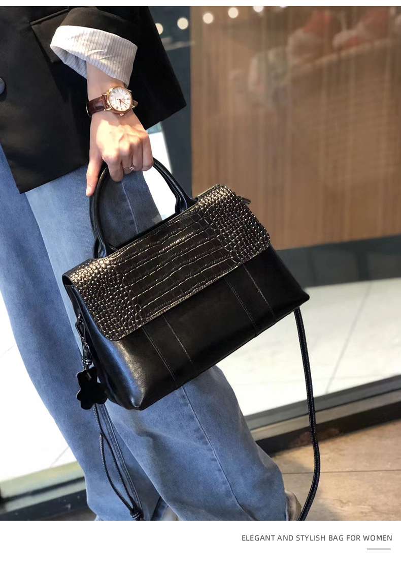 歐美時尚真皮手提包 復古新款手提手袋托特包 女通勤百搭斜背包 大容量單肩斜挎包 真皮包包