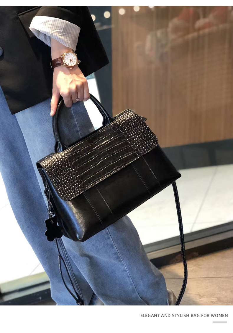 歐美時尚真皮手提包 復古新款手提手袋托特包 女通勤百搭斜背包 大容量單肩斜挎包 真皮包包