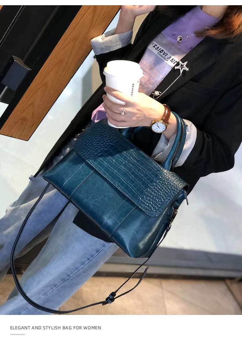 歐美時尚真皮手提包 復古新款手提手袋托特包 女通勤百搭斜背包 大容量單肩斜挎包 真皮包包