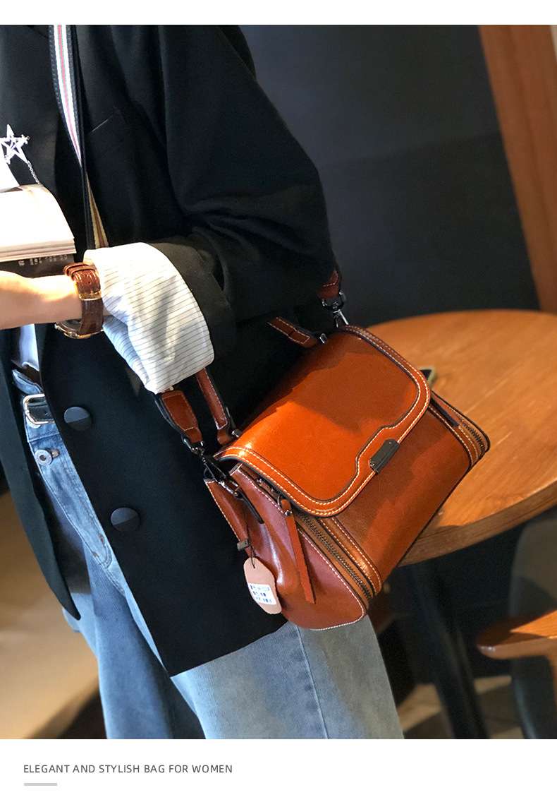 油蠟牛皮手提包 新款單肩斜挎包 百搭時尚高級感真皮女士手提手袋側背包小方包 包包女包 真皮包包