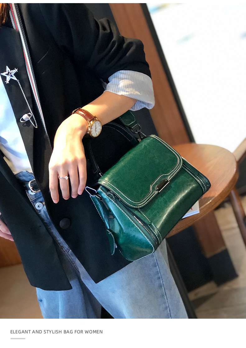 油蠟牛皮手提包 新款單肩斜挎包 百搭時尚高級感真皮女士手提手袋側背包小方包 包包女包 真皮包包