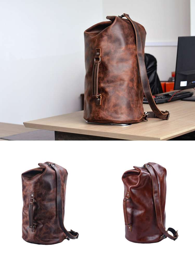 真皮圓筒包後背包 男士雙肩包 復古戶外休閑水桶包 大容量油蠟皮旅行背包 瘋馬皮登山包 真皮包包