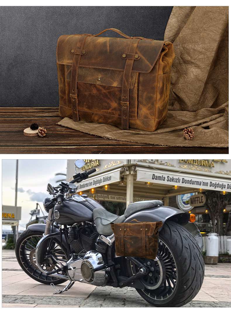 戶外防水摩托車側邊包 瘋馬皮機車包尾掛包後座包 歐美復古掛物機車車載騎行背包 真皮包包