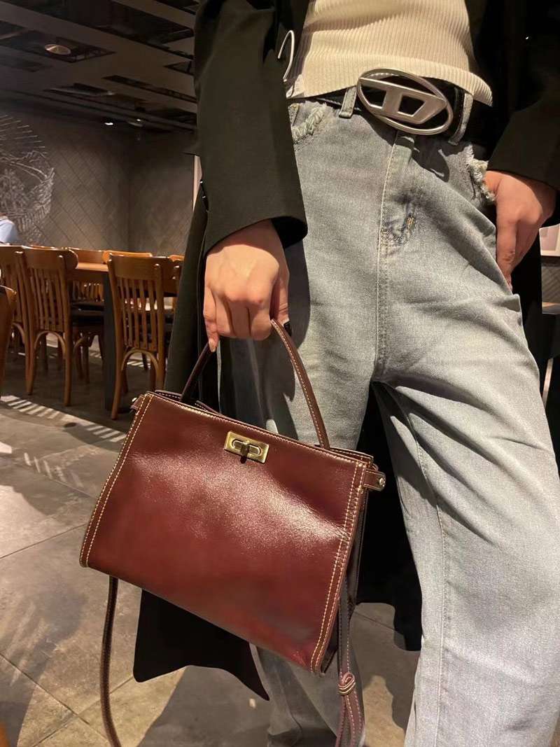 植鞣牛皮手提包 復古女包凱莉包 樹膏皮斜背包 真皮包包 頭層皮側背包單肩背包 真皮包包