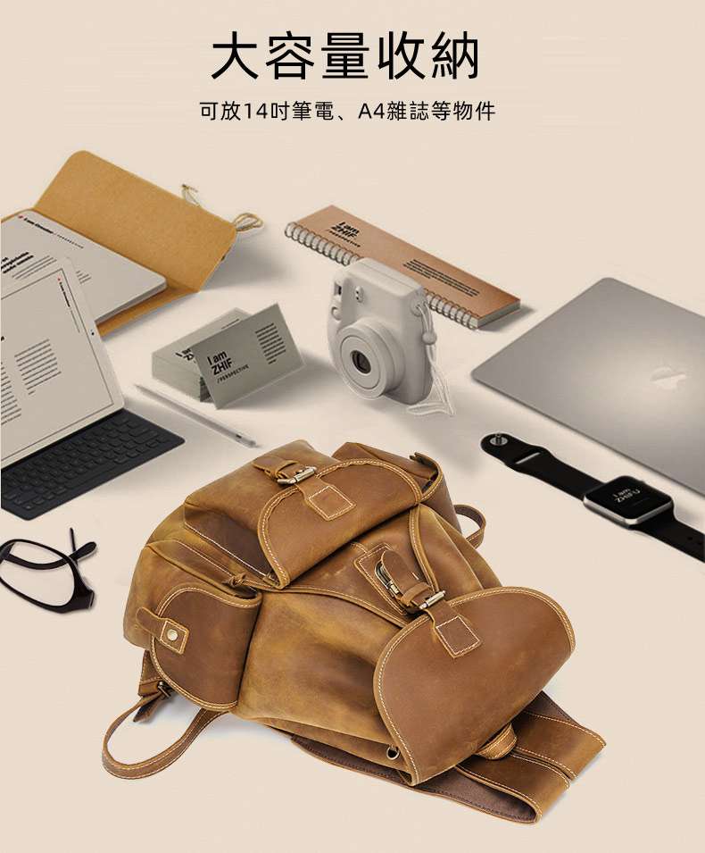 歐美復古瘋馬皮束口後背包 頭層牛皮雙肩包 大容量戶外旅行背包 時尚真皮男包電腦背包 真皮包包