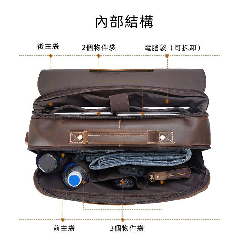 可拆卸電腦內膽袋 復古瘋馬皮手提包 商務公文包 15.6吋電腦包 大容量斜背包公事包單肩背包 真皮包包