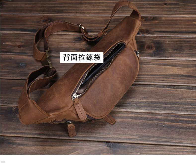 瘋馬皮胸包 真皮男包 頭層牛皮手機腰包 大容量運動斜跨包 男士生意老闆包斜背包 真皮包包