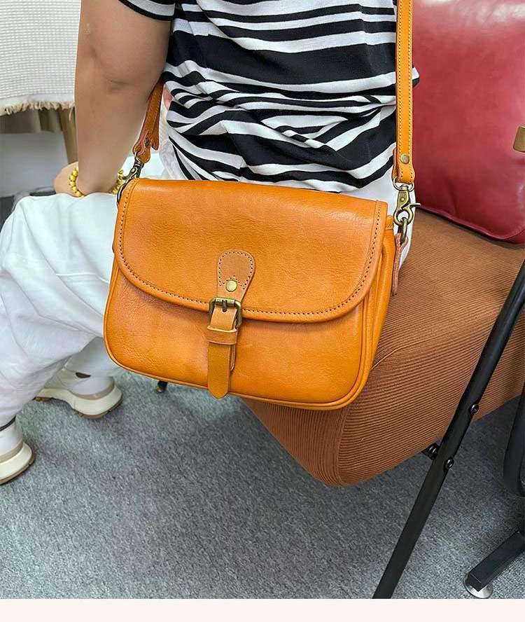 真皮復古小方包斜挎包 手工植鞣牛皮單肩包 質感通勤女包側背包 女斜背包 真皮包包