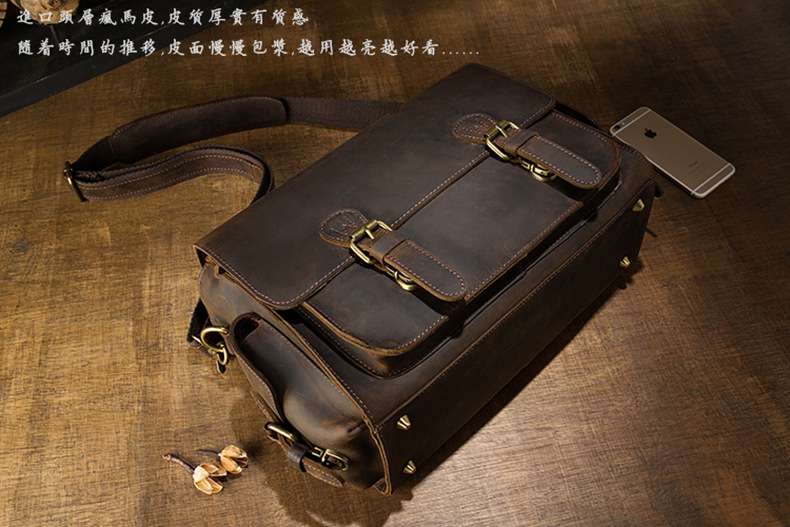 新款手工瘋馬皮單眼相機包 復古手提包男包 頭層牛皮郵差包斜背包 真皮單肩斜挎單反相機包 真皮包包