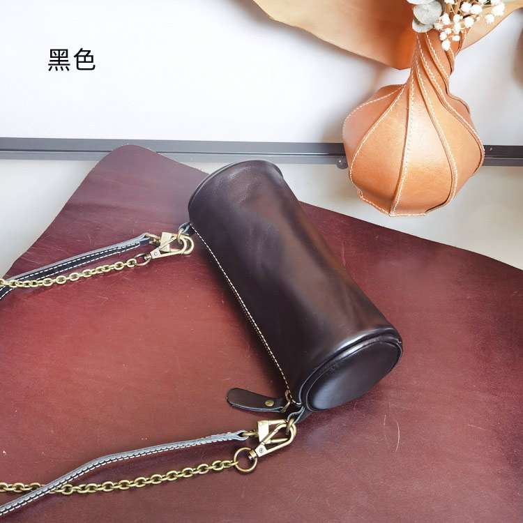 小圓包頭層牛皮手機包圓筒包波士頓包包 腋下包文藝女包斜挎包植鞣皮包包 手工女小背包  真皮包包