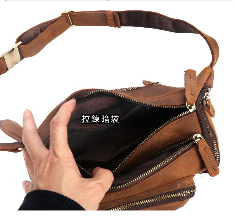 男包復古瘋馬皮腰包 多功能真皮斜挎 多功能多口袋胸包 大容量頭層牛皮手機包生意老闆包 真皮包包