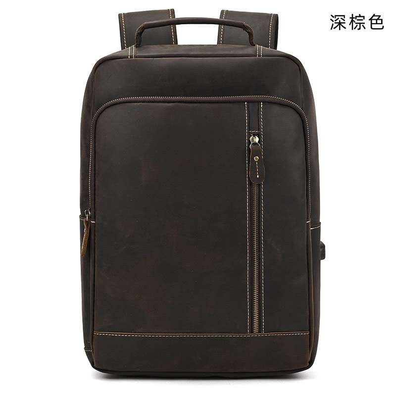 大容量後背包 瘋馬皮16寸真皮雙肩包 復古頭層牛皮書包電腦包 帶USB口旅行包 真皮包包