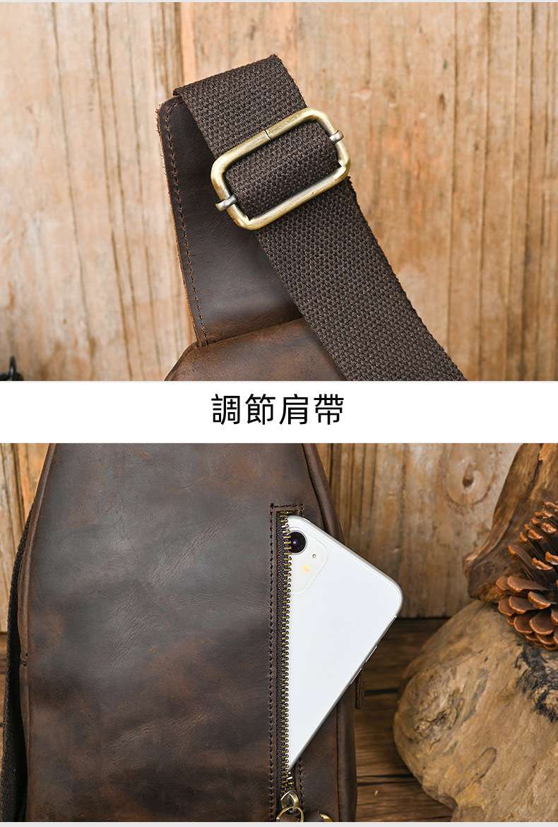 新款復古瘋馬皮胸包 頭層牛皮斜背包側背包 男士單肩背包運動休閒背包背包 真皮包包