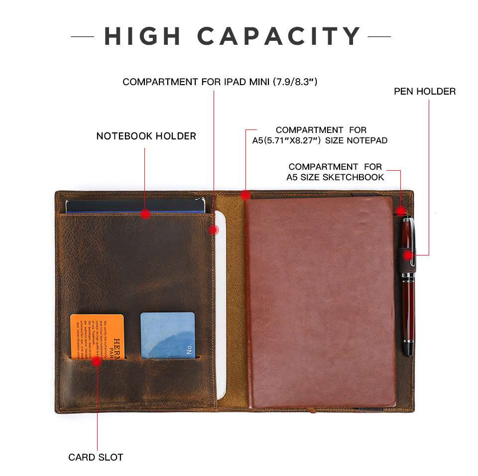 新款瘋馬皮a5紙筆記本皮套 帶鋼筆位可放iPad mini多功能保護套 真皮手拿包皮夾 真皮包包