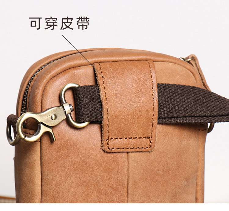復古男真皮單肩包 磨砂牛皮穿皮帶腰包 手工斜跨包 多功能手機包小方包斜背包 真皮包包