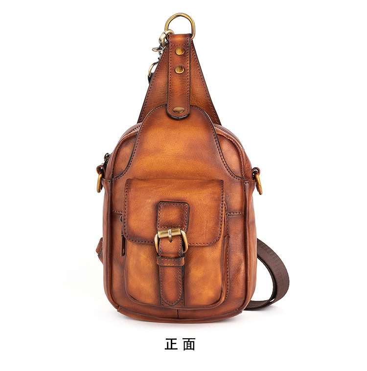 新款復古真皮胸包 男樹膏皮手工擦色斜背包 多功能潮流單肩休閑斜跨包背包單肩包 真皮包包