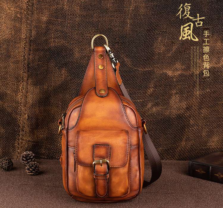 新款復古真皮胸包 男樹膏皮手工擦色斜背包 多功能潮流單肩休閑斜跨包背包單肩包 真皮包包
