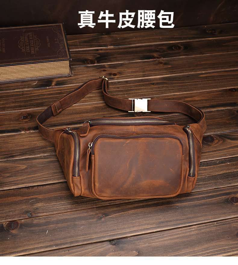 新款瘋馬皮大腰包 真皮休閑時尚頭層牛皮男士胸包 復古潮單肩斜挎包生意老闆包推薦 真皮包包
