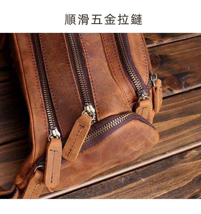 多層拉鏈袋腰包 男士胸包 瘋馬皮真皮斜背包 復古頭層牛皮斜挎包 多層多功能手機包生意老闆包推薦 真皮包包