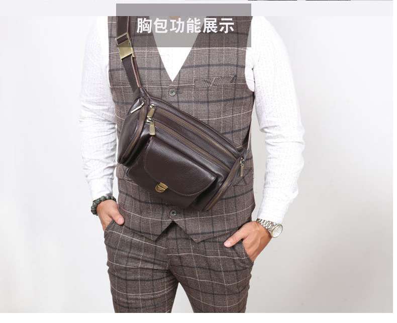 新款男士腰包 多功能斜背包胸包 真皮手機包 潮人生意老闆包 韓版時尚斜跨包斜跨包推薦 真皮包包